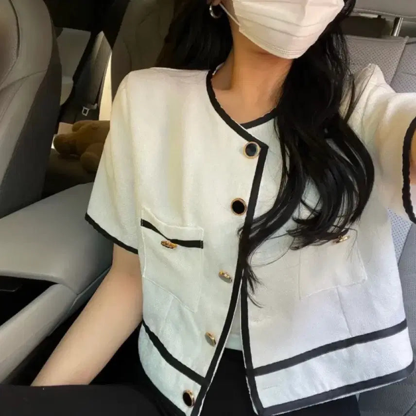 [BUNJANG] Linen Blend Tweed Cropped Short Jacket / 오늘만 원가 3.7) 트위드 배색 크롭 숏 자켓 재킷 린넨 여름 하객룩