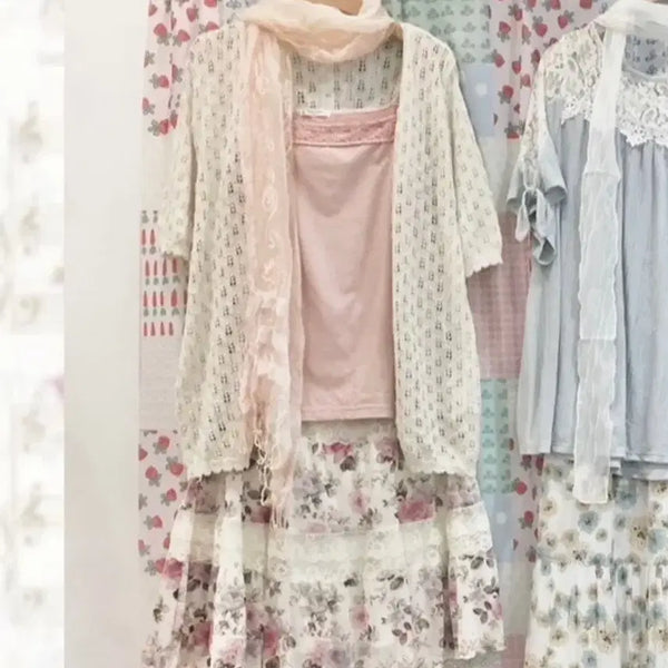 [BUNJANG] Pink Flower Pattern Sleeveless Top, Skirt, and Scarf Set / 핑크 플라워 패턴 스커트 세트 (가디건 제외)