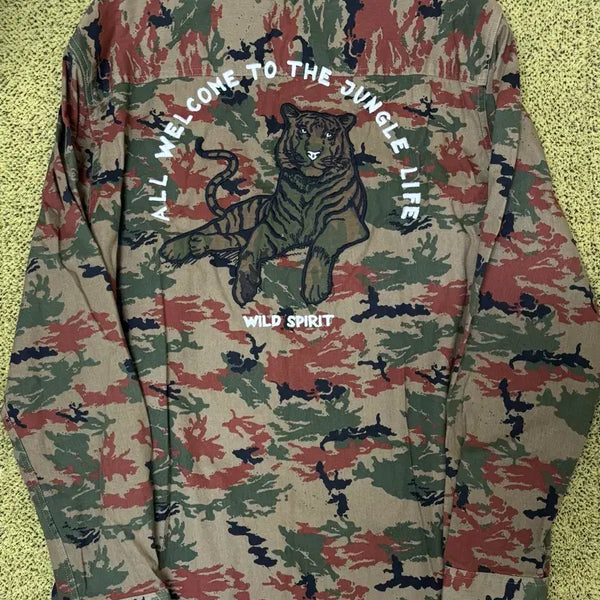 [BUNJANG] Zara Camo Tiger Printing Shirt 'Welcome to the Jungle Life' XL / ZARA 자라 카모타이거 프린팅 셔츠 올웰컴투더정글라이프xl