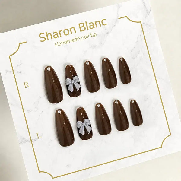 [BUNJANG] Brown Blue Ribbon Nail Tips Set (15 Shapes) / 브라운 블루리본 네일팁 / 15종 쉐입