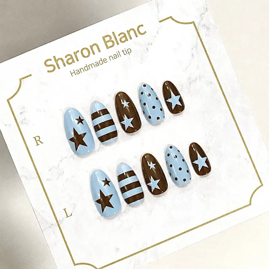 [BUNJANG] Sky Blue & Brown Star Press-On Nails (15 Shapes) / 스카이 블루 & 브라운 별 네일팁 / 15종 쉐입