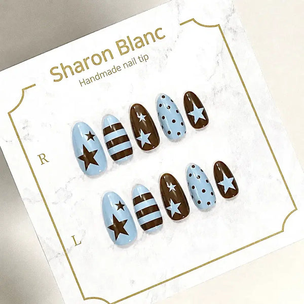 [BUNJANG] Sky Blue & Brown Star Press-On Nails (15 Shapes) / 스카이 블루 & 브라운 별 네일팁 / 15종 쉐입