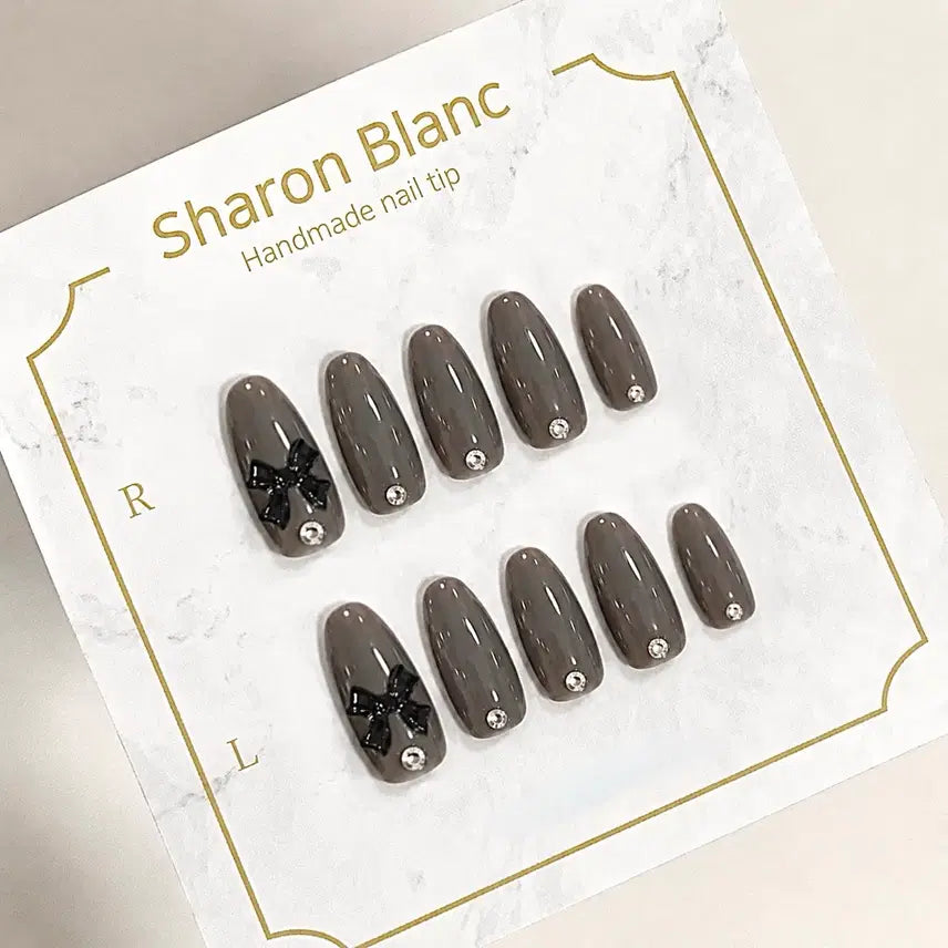 [BUNJANG] Grey Ribbon Nail Tips - 15 Shapes Available / 그레이 리본 네일팁 / 15종 쉐입