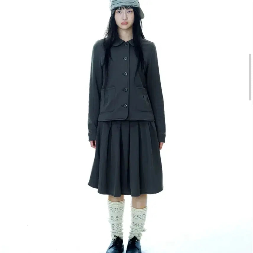 [BUNJANG] KOSEIO Cozy Sweat Setup Charcoal Jacket & Skirt Set / 코이세이오 코지 스웻 셋업 차콜