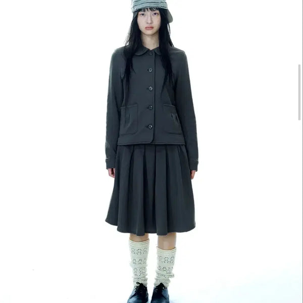 [BUNJANG] KOSEIO Cozy Sweat Setup Charcoal Jacket & Skirt Set / 코이세이오 코지 스웻 셋업 차콜