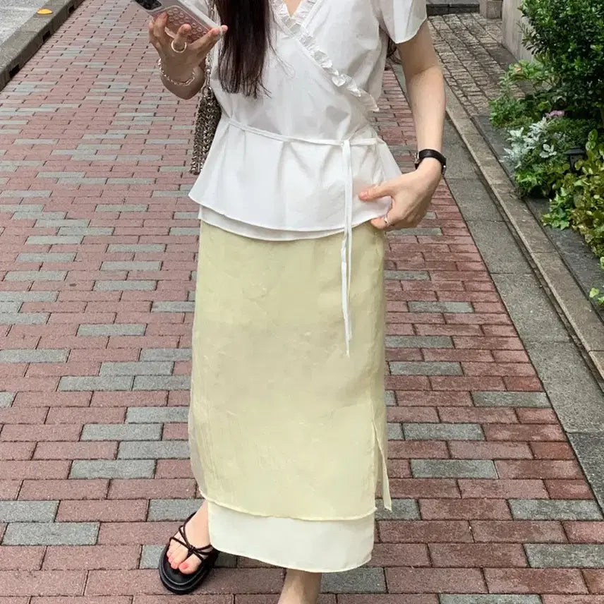[BUNJANG] Lierre Crease Layer Skirt Lemon S / [새상품] 리어스 크리즈 레이어 스커트(레몬 S)