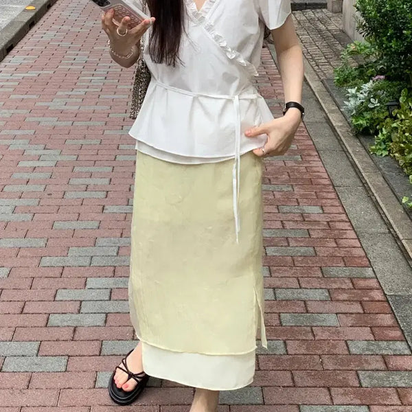 [BUNJANG] Lierre Crease Layer Skirt Lemon S / [새상품] 리어스 크리즈 레이어 스커트(레몬 S)