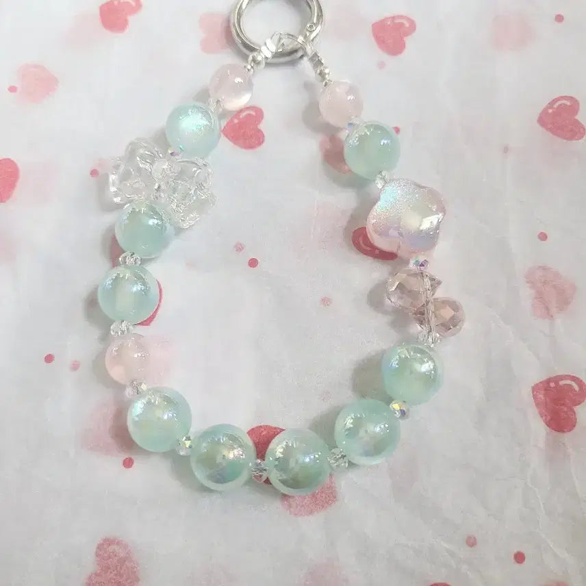 [BUNJANG] Handmade Star Mint Ribbon Bead Strap Charm / DIY 수제 별 민트 리본 비즈 스트랩 키링 핸드메이드 핸드폰줄 키링줄