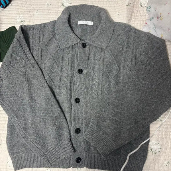 [BUNJANG] Juhng Homme Cardigan Knit Grey M / 주앙옴므 카라 니트 가디건 그레이 M