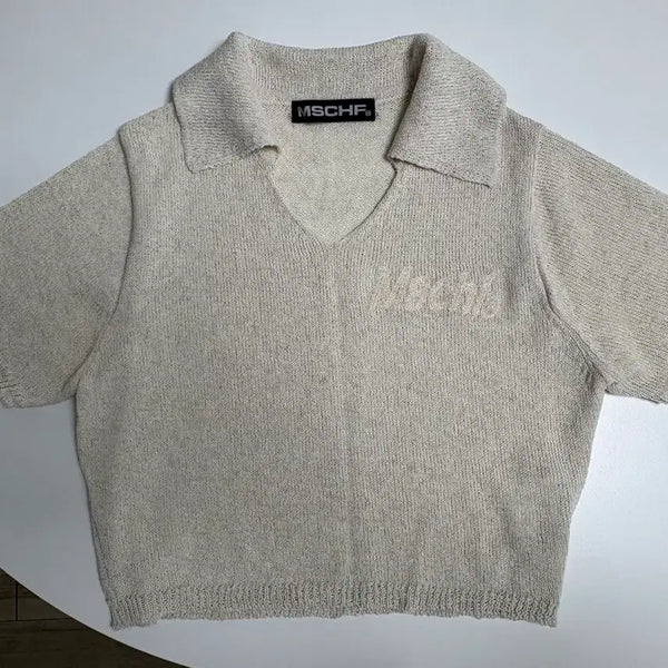 [BUNJANG] Mischief Linen Blend Short Sleeve Cropped Collar Knit Top / 미스치프 린넨 블렌드 반팔 크롭 카라 니트 탑s