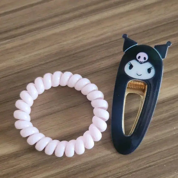 [BUNJANG] Kuromi Hairpin and Spring Hair Tie Set / [새거] 쿠로미 헤어핀+스프링끈