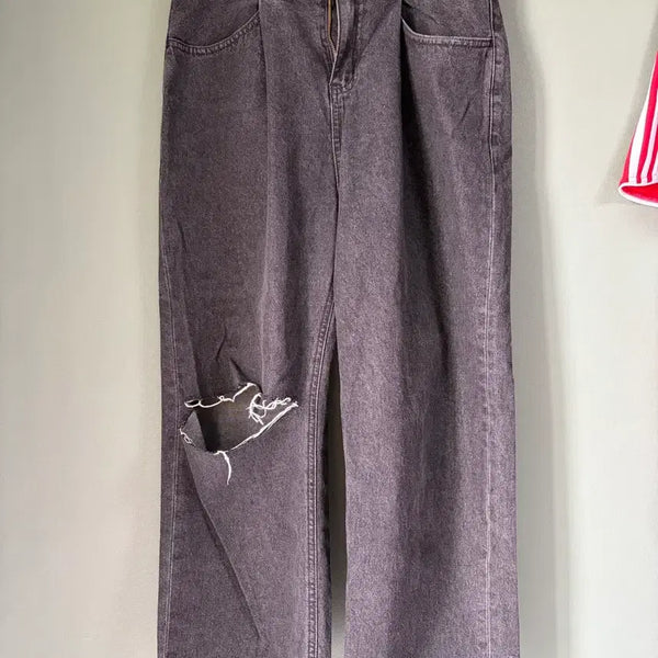 [BUNJANG] Black Denim Wide Pants Ripped Detail / 검정 데님 와이드 팬츠 찢청