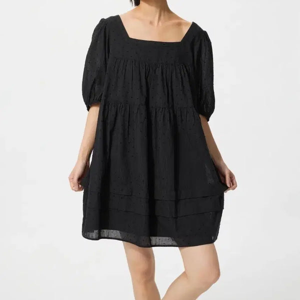 [BUNJANG] Uniqlo Square Neck Puff Sleeve Dress Black / 유니클로 스퀘어넥 퍼프 슬리브  원피스 블랙