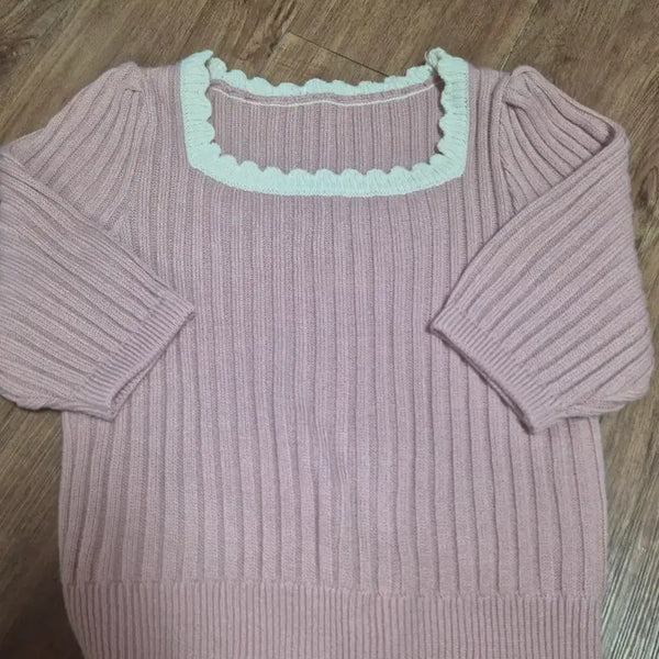 [BUNJANG] Pink Short-Sleeve Knit Sweater / 핑크색 반팔 니트 스웨터