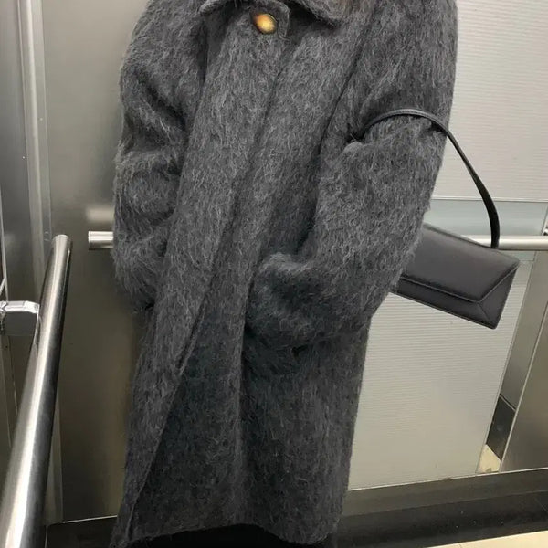 [BUNJANG] Be Absentminded Wool Blend Long Coat - Dark Grey / 헤어리 코트