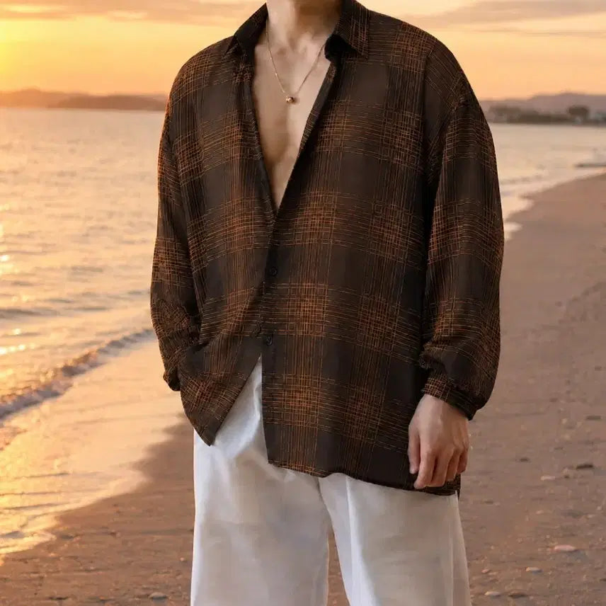 [BUNJANG] Men's Summer Check Linen See-Through Oversized Long Sleeve Shirt / (새상품)남성 여름 체크 오버핏 린넨 마 시스루 긴팔 남방 셔츠 살안타템