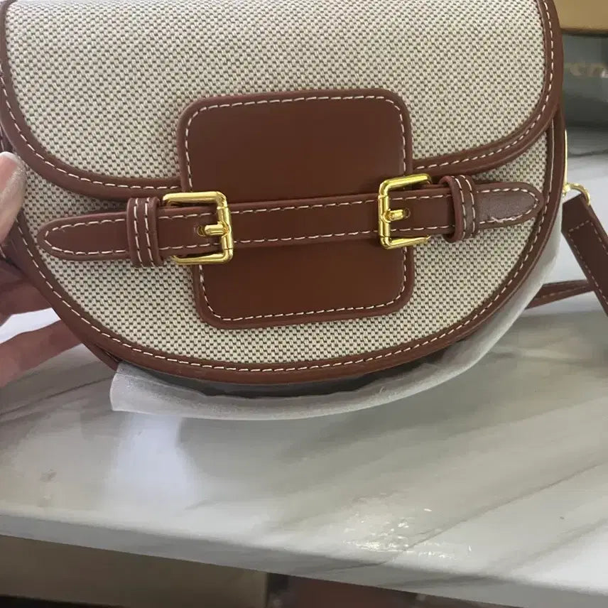 [BUNJANG] Beige Brown Canvas & Leather Shoulder Bag / 베이지 브라운 캔버스 앤 레더 숄더백