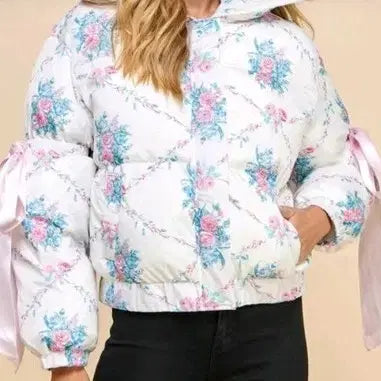 [BUNJANG] Floral Print Bow Knot Padded Jacket - Size L / 플로럴 프린트 보우 매듭 패딩 재킷 사이즈 L 수입