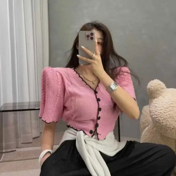 [BUNJANG] Puff Color-Block Pad Cardigan / 퍼프 배색 패드 가디건
