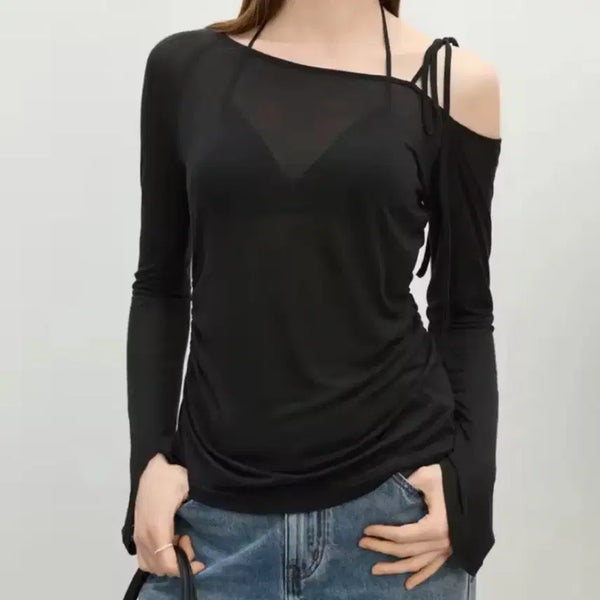 [BUNJANG] Sheer String Off-Shoulder Long Sleeve T-Shirt Black / 시스루 스트링 오프숄더 긴팔 티셔츠 블랙