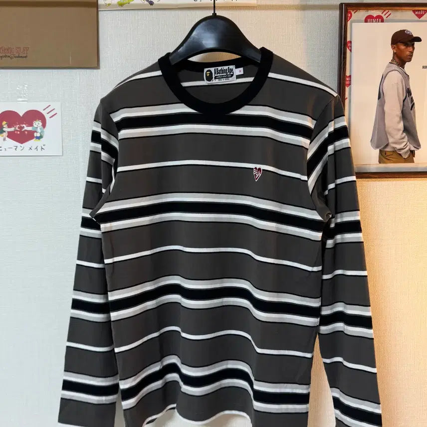 [BUNJANG] BAPE Stripe Patch Long Sleeve Charcoal M / (M)베이프 스트라이프 패치 롱슬리브 차콜