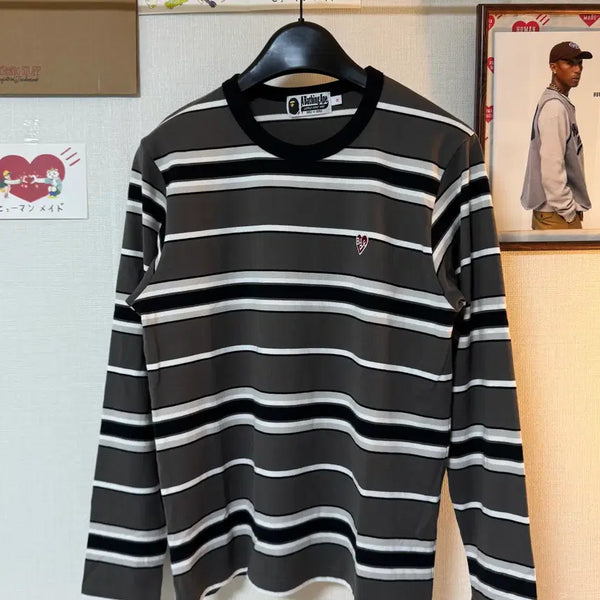 [BUNJANG] BAPE Stripe Patch Long Sleeve Charcoal M / (M)베이프 스트라이프 패치 롱슬리브 차콜