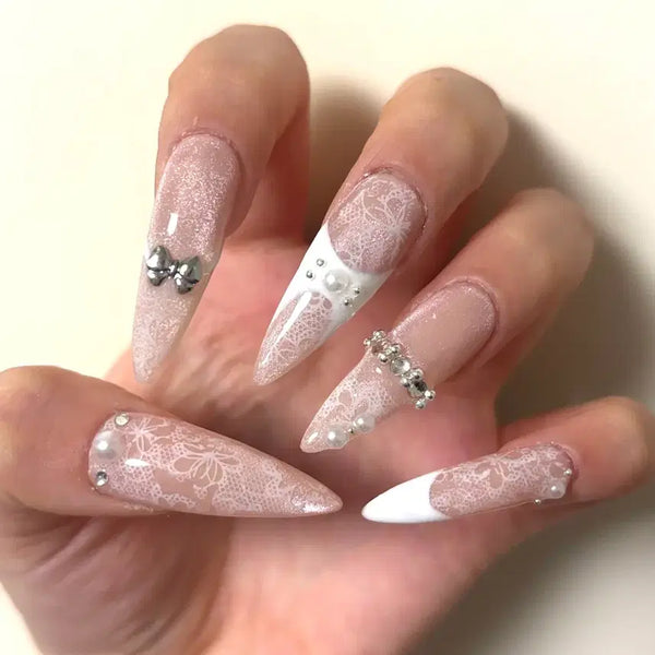 [BUNJANG] Handmade Nude Lace Magnetic Gel Nail Tips / 수제 네일팁 누드 레이스 자석젤 네일