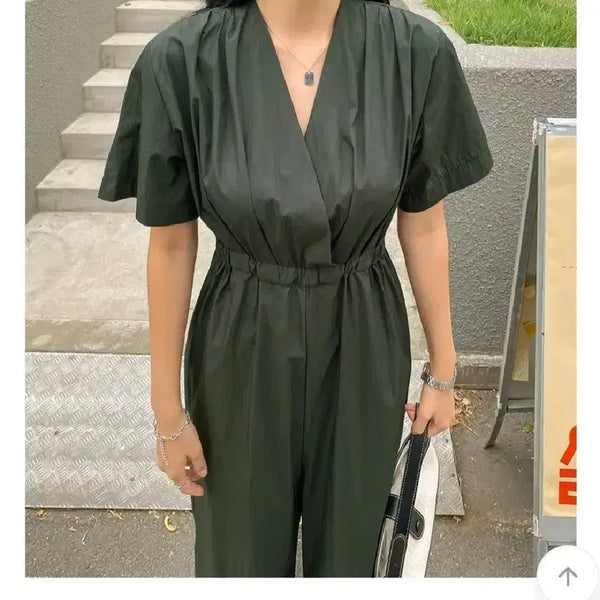 [BUNJANG] Banding V-Neck Y-Neck Jumpsuit Charcoal / 밴딩 브이넥 와이넥 점프수트 - 차콜
