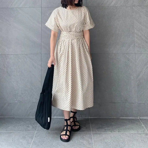 [BUNJANG] Cotton Short-Sleeve A-Line Dress with Shirring and Drawstring / [새제품] 허리끈 셔링 땡땡이 면 반팔 A라인 원피스