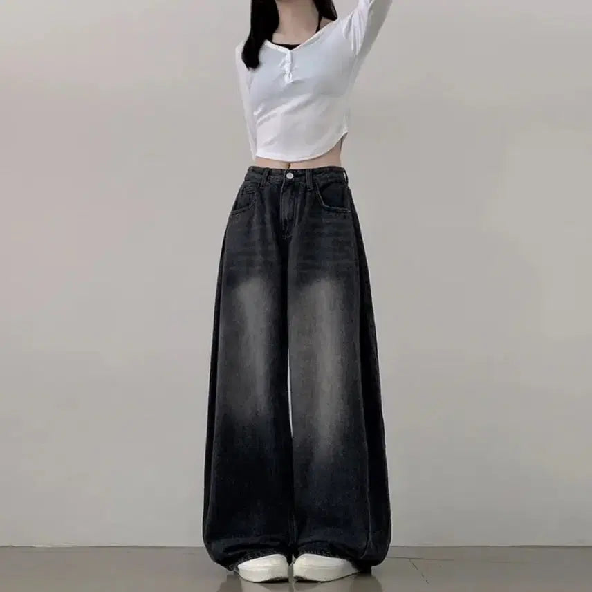 [BUNJANG] Ablie Balloon Wide Side Pintuck Denim Pants (Black Denim) / 에이블리 벌룬 와이드 사이드 핀턱 데님 팬츠 흑청