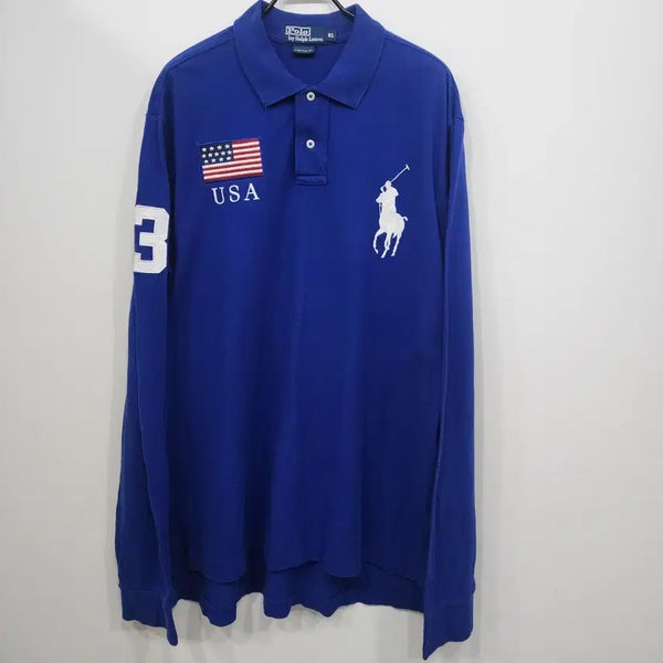 [BUNJANG] Polo Ralph Lauren Big Pony USA Flag Long Sleeve Polo Shirt XL / 폴로 랄프로렌 긴팔 카라티 USA 성조기 빅포니 블루