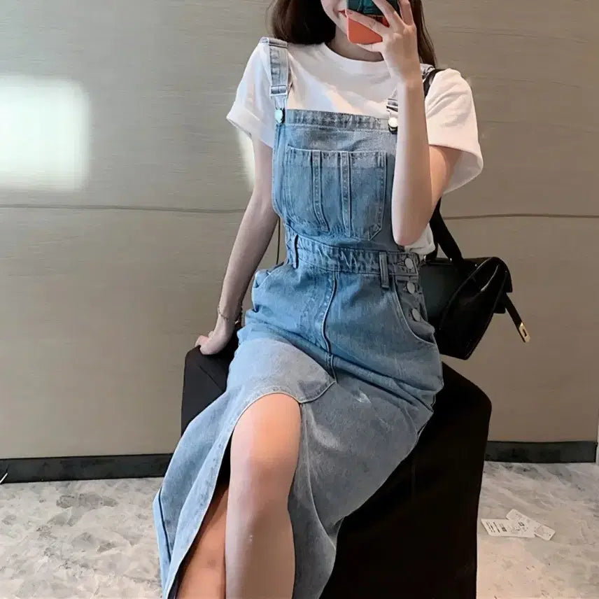 [BUNJANG] Women's Denim Suspender Long Dress with Slit / 여성 청 데님 멜빵 롱 트임 원피스