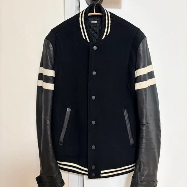 [BUNJANG] SYSTEM Black Leather Varsity Stadium Jacket Size 95 / 시스템(SYSTEM)블랙 레더 바시티 스타디움 자켓 95사이즈