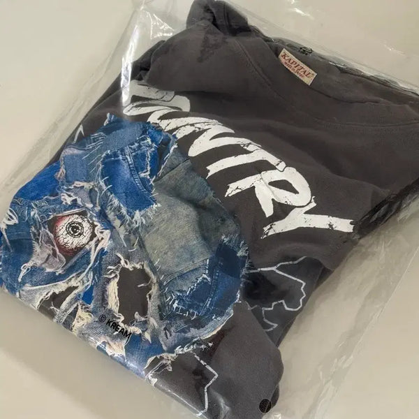 [BUNJANG] Kapital 20 Tencel Crew T-Shirt Denim Face Pt Charcoal XL / [xl] 캐피탈 20 텐지쿠 크루 티셔츠 데님 페이스 Pt 차콜