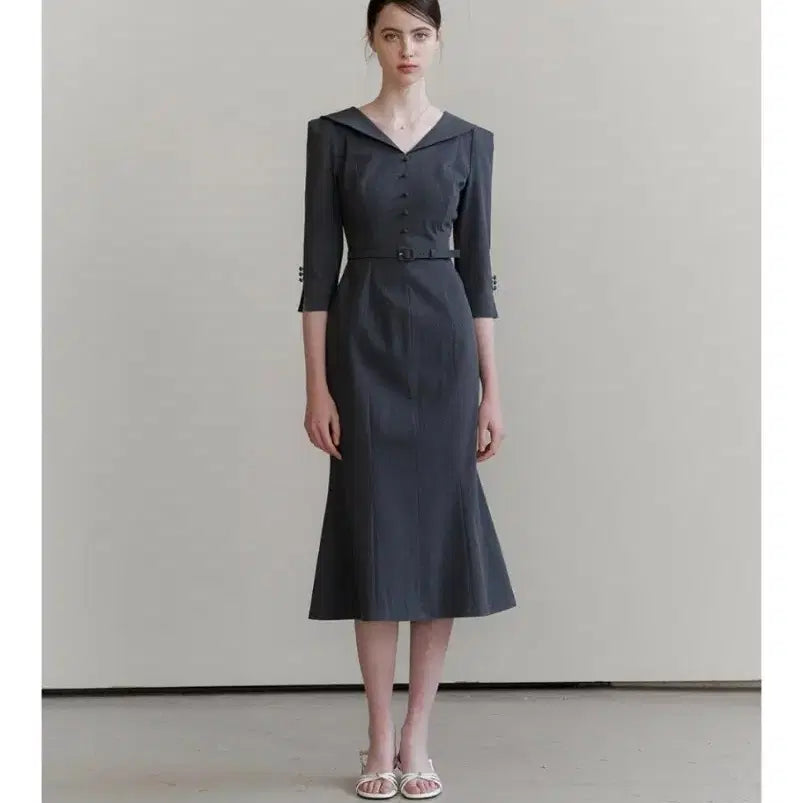 [BUNJANG] Flowoom Sailor Collar Long Dress Grey Size S / 플로움 세일러 칼라 롱 원피스 그레이 s 사이즈
