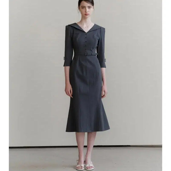 [BUNJANG] Flowoom Sailor Collar Long Dress Grey Size S / 플로움 세일러 칼라 롱 원피스 그레이 s 사이즈