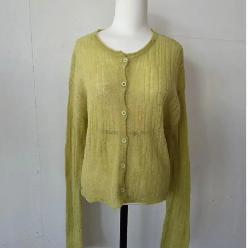 [BUNJANG] See-through Mohair Knit Button Long Sleeve Cardigan (Olive) / 시스루 모헤어 니트 버튼 여리 긴팔 가디건 (올리브/새상품)