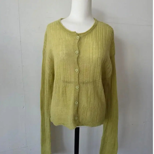 [BUNJANG] See-through Mohair Knit Button Long Sleeve Cardigan (Olive) / 시스루 모헤어 니트 버튼 여리 긴팔 가디건 (올리브/새상품)