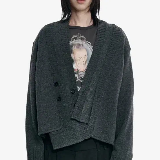 [BUNJANG] AJO BY AJO Double Layered Cardigan [CHARCOAL] / 아조바이아조 Double Layered Cardigan[CHARCOAL]