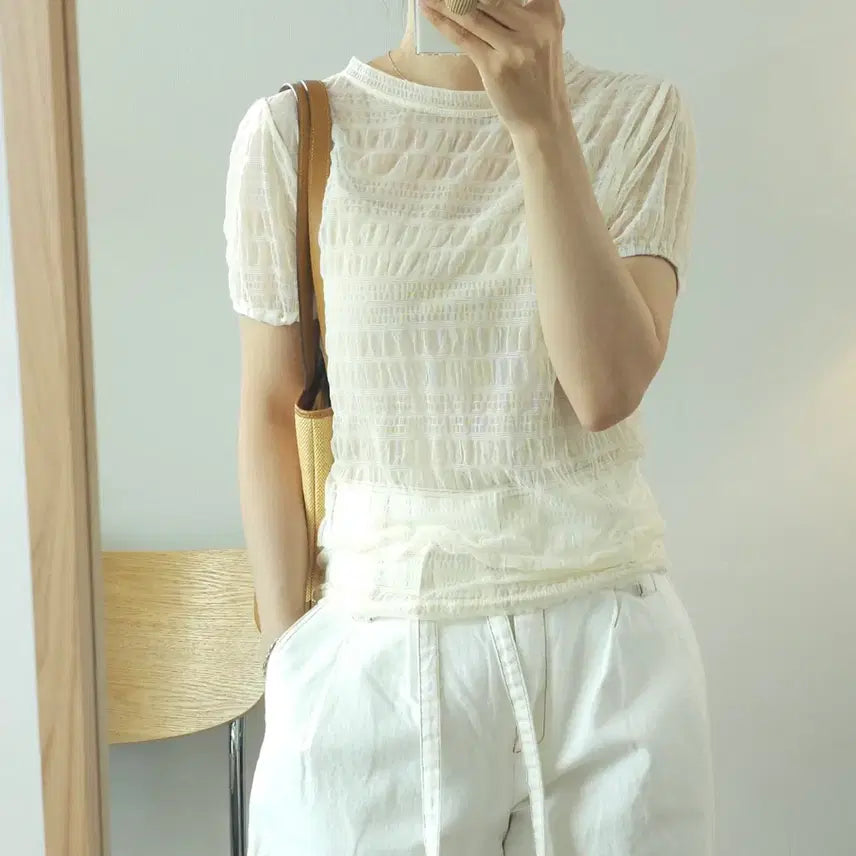 [BUNJANG] Paprika Women's See-Through Puff Short-Sleeve T-Shirt / (F)paprika 여성 반팔 티셔츠 시스루 퍼프 W4345