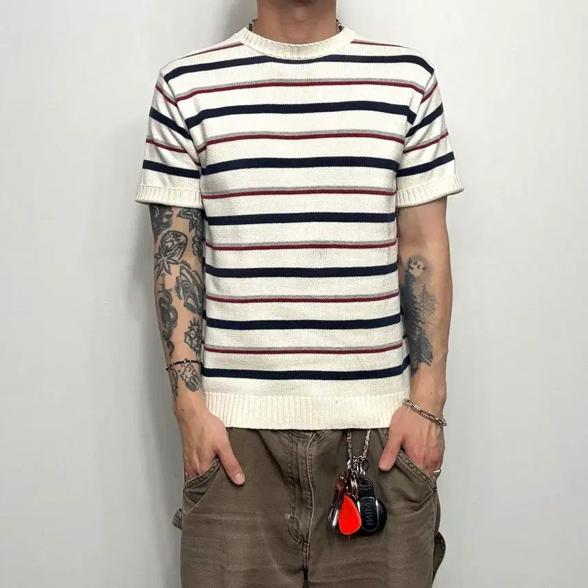 [BUNJANG] BEAMS Striped Short Sleeve Knit T-Shirt / BEAMS 빔즈 단가라 스트라이프 빈티지 반팔 니트 티셔츠