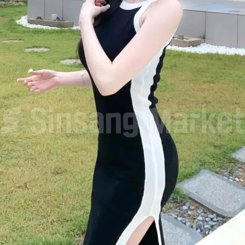 [BUNJANG] Colorblock Halter Neck Knit Dress / [빠른발송] 배색 홀터 ops 섹시 니트 섹시 베이직 글램 라인