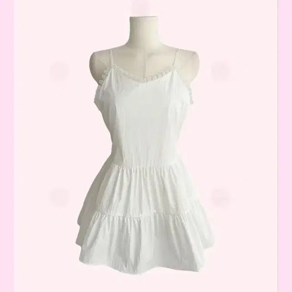 [BUNJANG] Ribbon Tie Back Sweetheart Neck Frill Flare Summer Dress / [허리조절 뒷리본] 빈즈 프릴 넥 여름 끈나시 캉캉 원피스