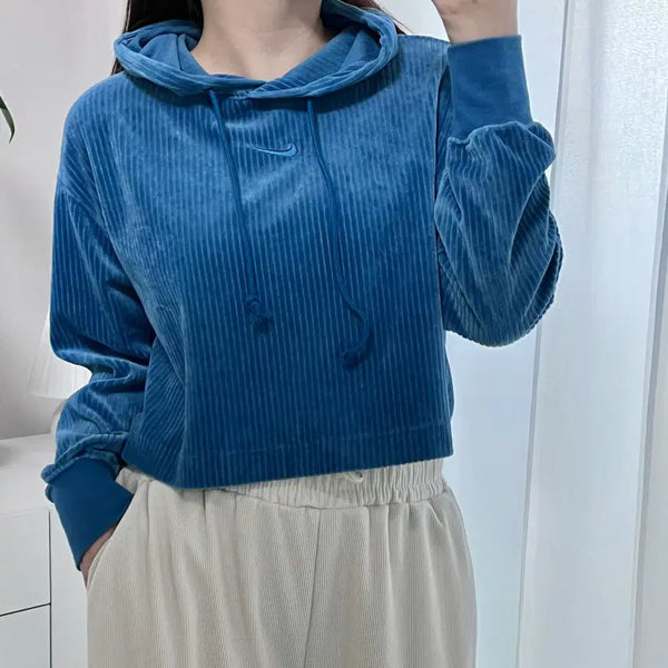 [BUNJANG] Nike Blue Swoosh Velvet Cropped Hoodie - Size S / 나이키 블루스우시 벨벳 크롭 후드티 [ S ]