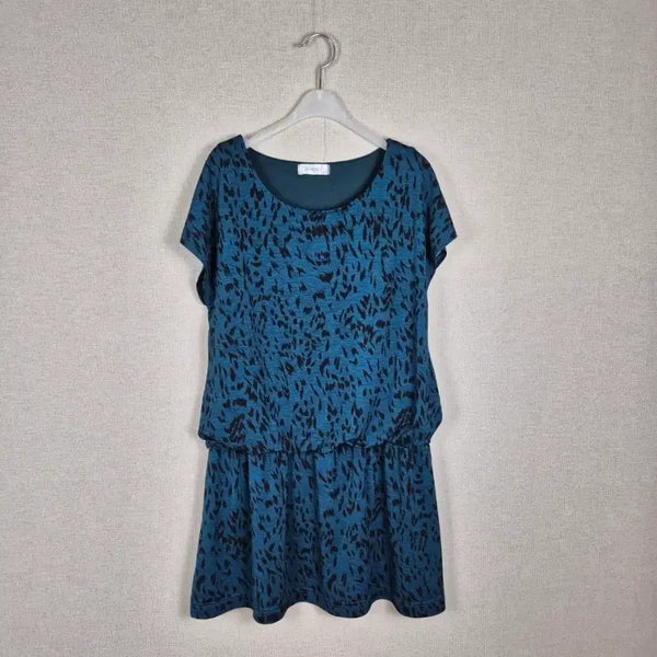 [BUNJANG] Teal Black Pattern Blouse Dress with Waistband / (#55,66추천/L)청록 블랙패턴 허리밴딩 블라우스원피스