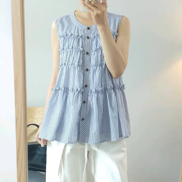 [BUNJANG] CUOSE Women's Sleeveless Ruffle Stripe Blouse / (L)쿠오세 여성 민소매 블라우스 프릴 스트라이프 G19W4309