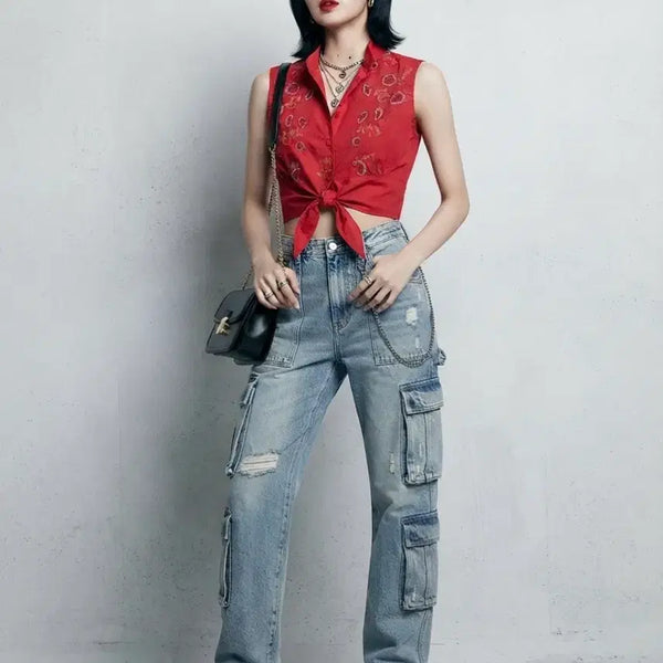 [BUNJANG] Red Flower Embroidered Vest / 레드 플라워 자수 조끼
