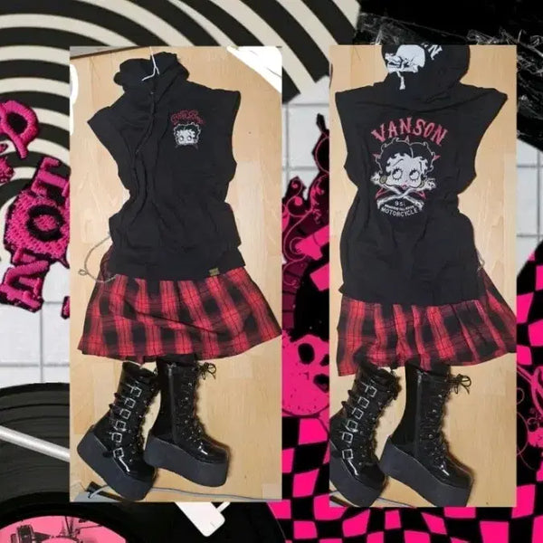 [BUNJANG] Betty Boop Punk Vintage T-Shirt & Check Mini Skirt Set / 고스룩 베티부프 티셔츠 체크 미니스커트 세트