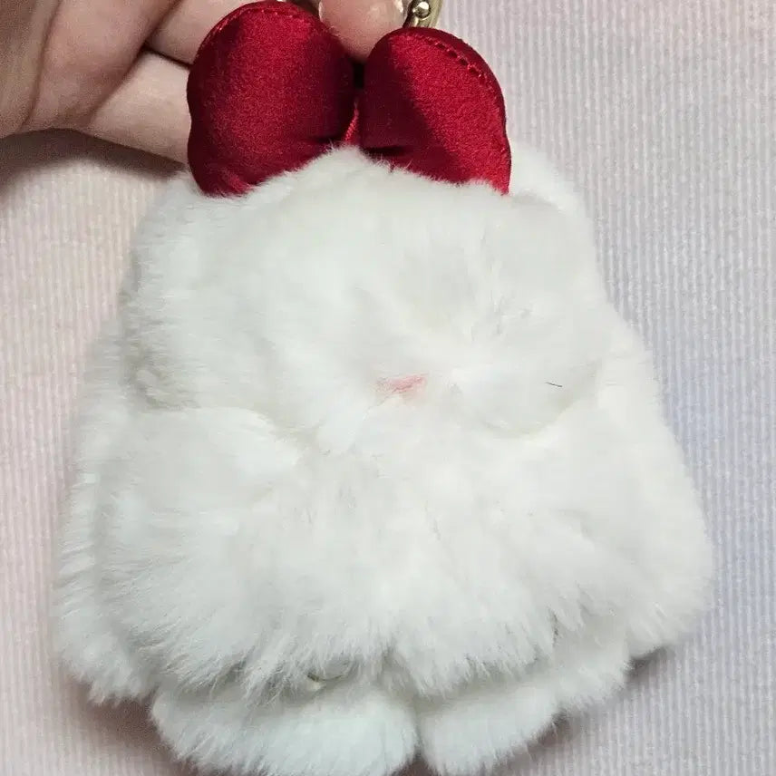 [BUNJANG] Rabbit Fur Pom Pom Keychain with Red Ribbon / 토끼털 퍼 키링/리본토끼/분홍코