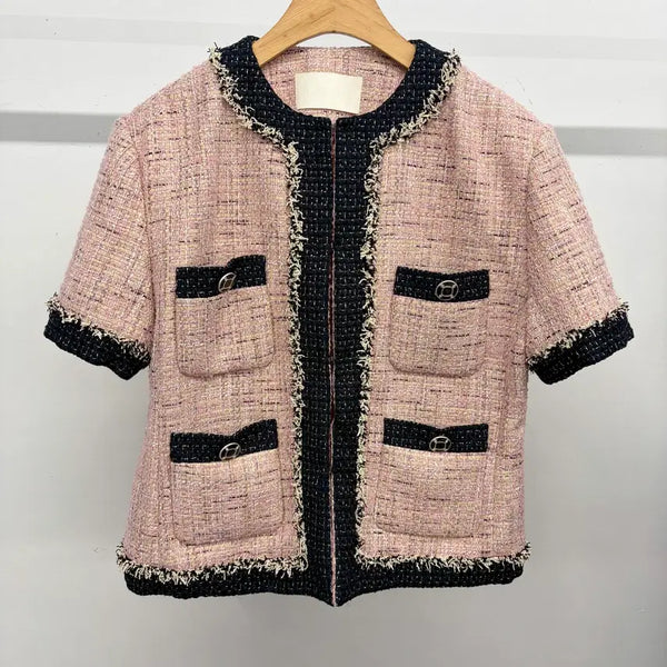 [BUNJANG] Art Is Over Pink Short Sleeve Tweed Jacket / 아트이즈오버 핑크 반팔 트위드 자켓 F